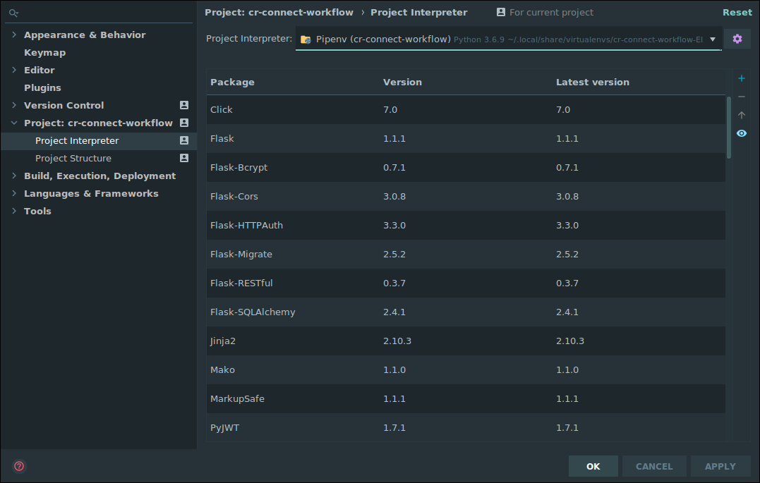 Project Interpreter Settings screen